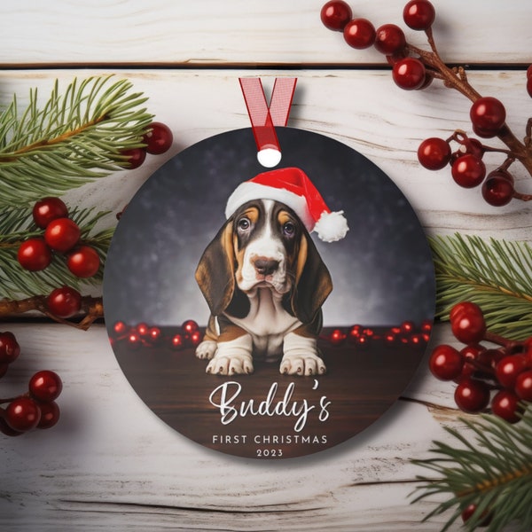 Basset Hound Puppy Ornament, Puppy 1st Christmas, Custom Dog Ornament, Christmas Puppy Ornament, Puppy Gift Idea, Basset Hound Lovers Gift