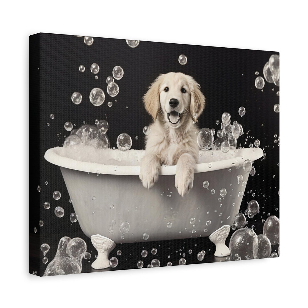 Golden Retriever Bubble Bath Canvas Wall Art | Funny Dog Bathtub Print ...