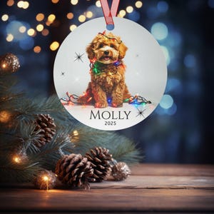 Round aluminum Christmas ornament.  Ornament has a cute Cavapoo wrapped in colorful Christmas Lights.  Molly are in black font and 2025 is in black font at the bottom of the ornament.  Names and year can be personalized.