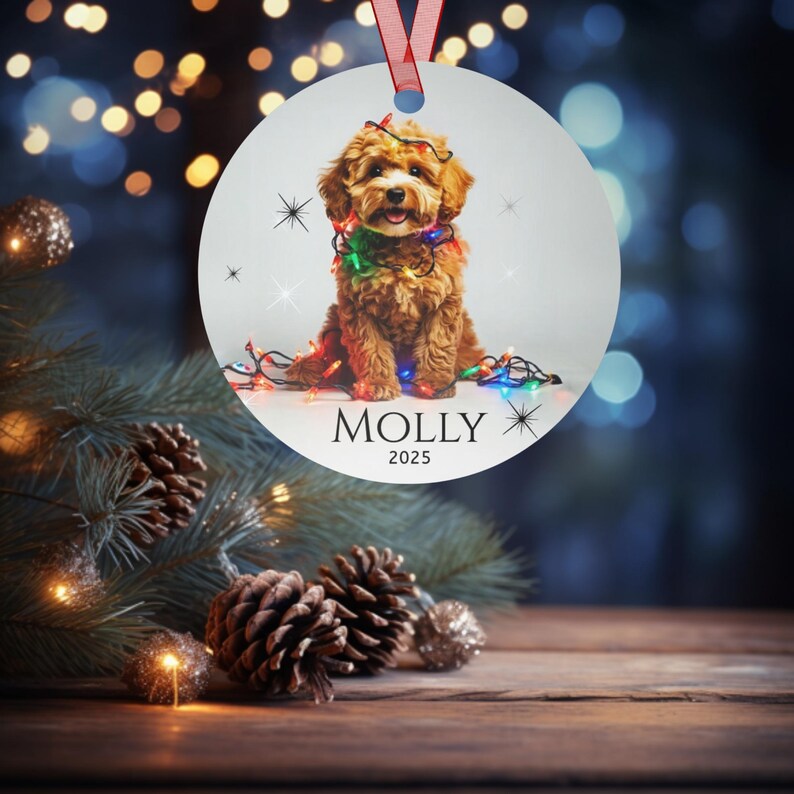 Round aluminum Christmas ornament.  Ornament has a cute Cavapoo wrapped in colorful Christmas Lights.  Molly are in black font and 2025 is in black font at the bottom of the ornament.  Names and year can be personalized.