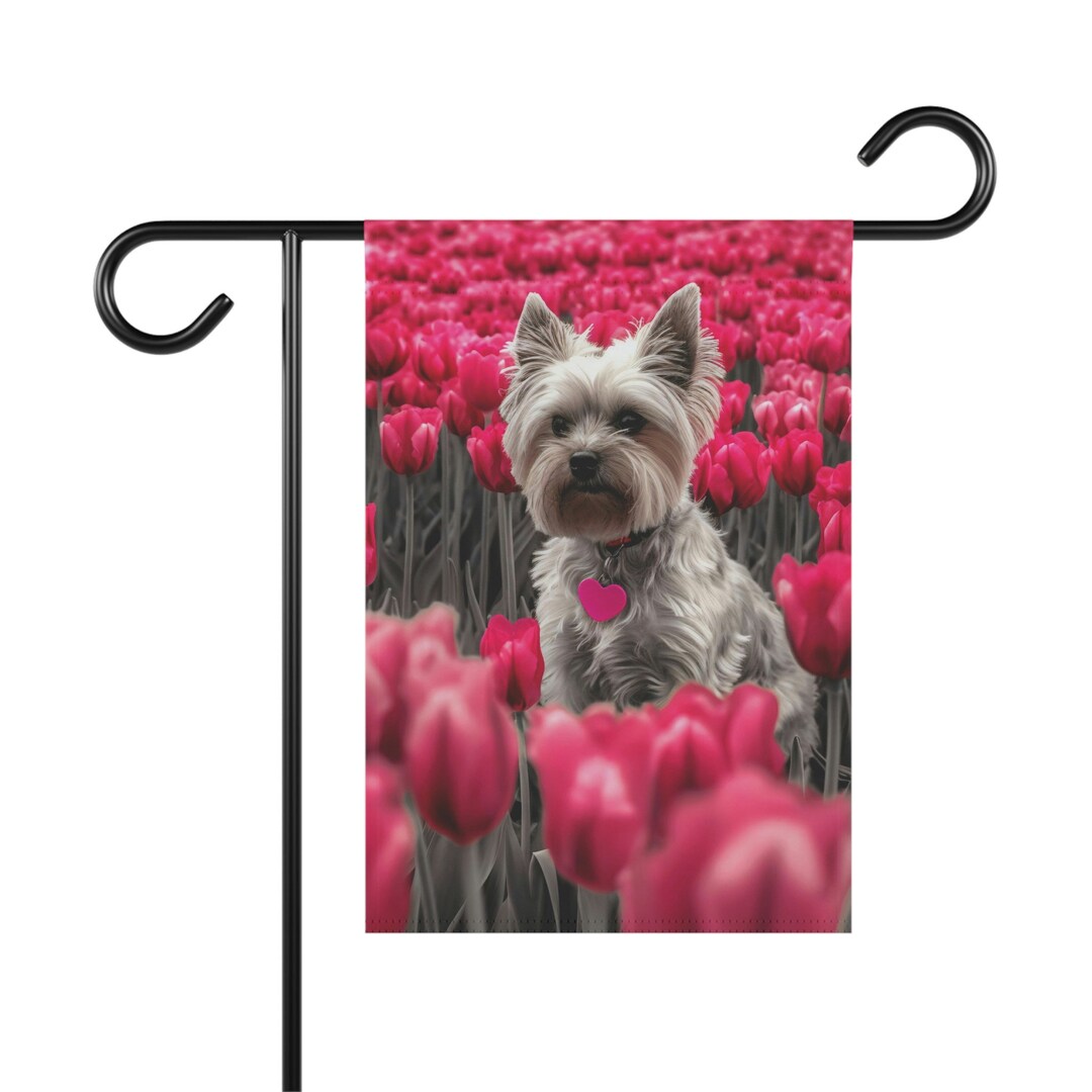 Yorkie Garden Banner, Charming Yorkie in Tulip Field Outdoor Garden
