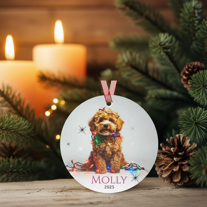 Round aluminum Christmas ornament.  The ornament has a Cavapoo wrapped in colorful Christmas lights.  At the bottom is Molly 2025.