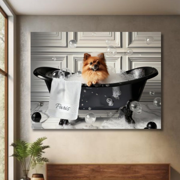 Pomeranian Dog in Bathtub Art, Pomeranian Lovers, Dog Bathroom Wall Art, Dog Lover Home Decor, Custom Pomeranian Art, Gifted Pomeranian