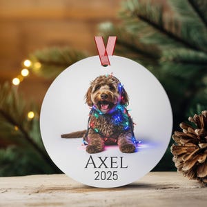 Round Christmas ornament with a labradoodle wrapped in colorful Christmas lights.  Axel and 2025 are at the bottom.  Name and year can be personalized.