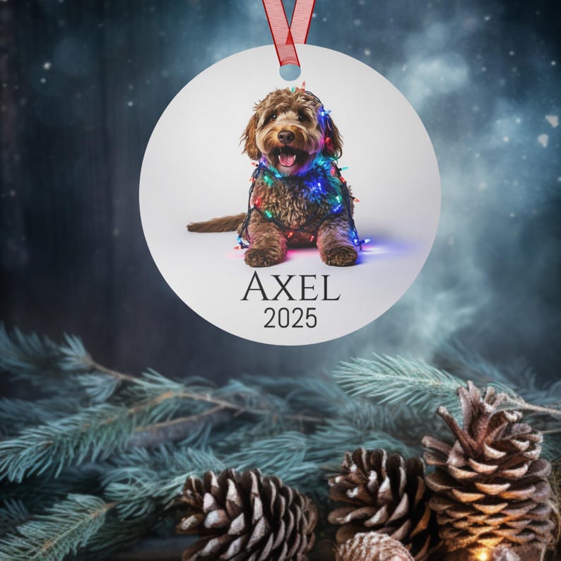 Round Christmas ornament with a labradoodle wrapped in colorful Christmas lights.  Axel and 2025 are at the bottom.  Name and year can be personalized.