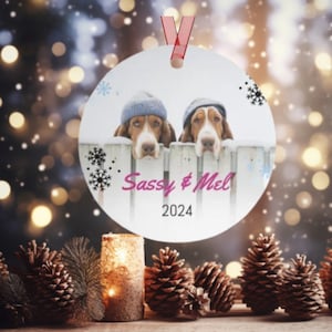 Two Bassett Hounds Personalized Christmas Ornament, Custom Dog Ornament, Dog Name Ornament, Dog Lover&#39;s Gift, Bassett Hound Gift Idea