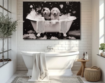 Cuadro decorativo de pared con diseño de Sheepadoodle en la bañera / Lámina divertida de perro en el baño de burbujas / Regalo para padres amantes de los Sheepadoodle / Decoración de baño para amantes de los perros