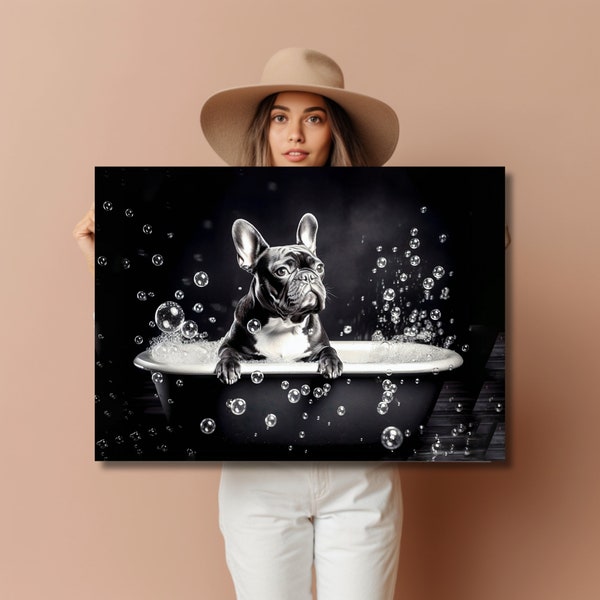 French Bulldog Poster | Dog Bathroom Wall Art | Frenchie Bathroom Decor | French Bulldog Bath Art, Whimsy Animal Art, Dog in Bathtub