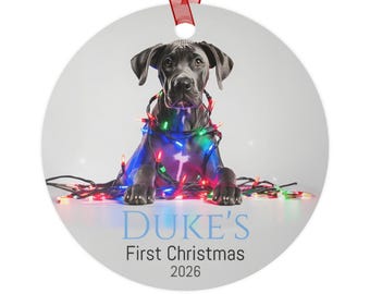 グレートデーンの子犬のクリスマスオーナメント、名前と年号入り、初めてのホリデー記念品オプション