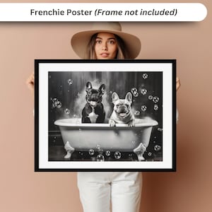 Poster artistico con cane nella vasca da bagno, animale nella vasca da bagno, arte da bagno con bulldog francese, arte murale da bagno con cane, arredamento per la casa per amanti dei cani, animale domestico nella vasca da bagno