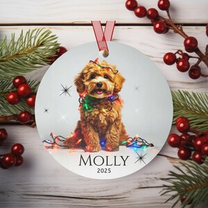 Round aluminum Christmas ornament.  Ornament has a cute Cavapoo wrapped in colorful Christmas Lights.  Molly is in black font and 2025 is in black font at the bottom of the ornament.  Names and year can be personalized.
