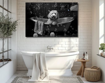 May include: A black and white photo of a dog sitting in a bathtub with bubbles. The dog is looking at the camera. The photo is hanging on a white brick wall in a bathroom.