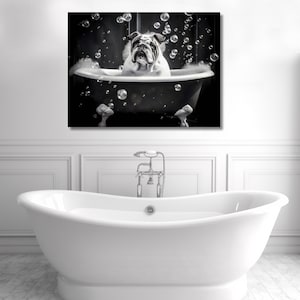 Bulldog Bathtub Canvas Wall Art | Funny English Bulldog Bubble Bath Print | Dog Lover Gift | Bathroom Home Decor