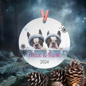 Two Boston Terrier&#39;s Personalized Christmas Ornament, Custom Dog Ornament, Dog Name Ornament, Dog Lover Gift, Boston Terrier Gift Idea