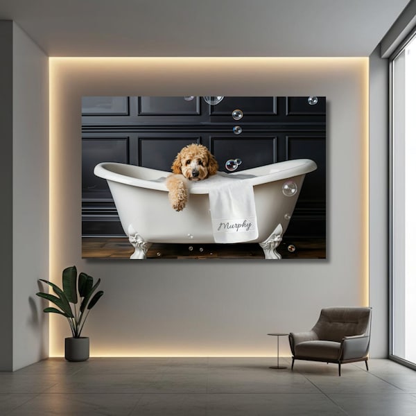 Goldendoodle Bathtub Art | Dog in Bathtub Art | Goldendoodle  Gifted |  Goldendoodle Lovers Gift | Gifted Dog Art