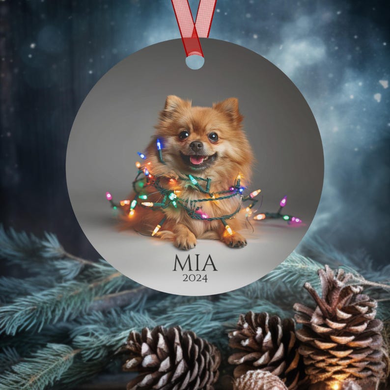 Round Christmas ornament.  Ornament has a Pomeranian wrapped in colorful Christmas lights.  Mia 2024 is at the bottom of the ornament.