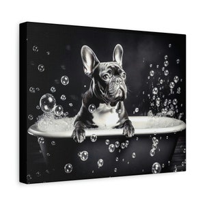 French Bulldog Art - Charming Dog Bath Time Canvas - Cute Bubble Bath Decor - Playful Pet Wall Hanging - Adorable Home Accent