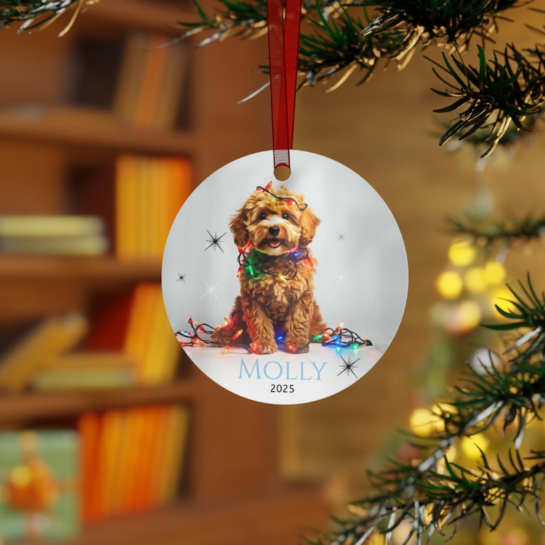 Round aluminum Christmas ornament.  The ornament has a Cavapoo wrapped in colorful Christmas lights.  At the bottom is Molly 2025.