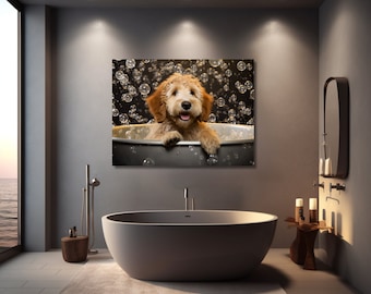 May include: A brown and white dog sits in a tub of bubbles, looking at the camera with a happy expression. The dog is surrounded by bubbles and the background is a dark gray.