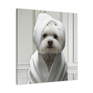 May include: A white dog wearing a white bathrobe and a white towel on its head. The dog is looking directly at the camera. The background is a white wall with vertical panels.