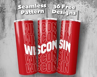 Wisconsin  Football Basketball 20oz Straight and Tapered Tumbler Wrap Sublimation Seamless Design, Instant Digital Download PNG