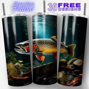 May include: A stainless steel tumbler featuring a colourful image of a trout swimming underwater. The tumbler has a black background and features a variety of colours, including green, brown, and orange. The image is seamless and wraps around the entire tumbler.