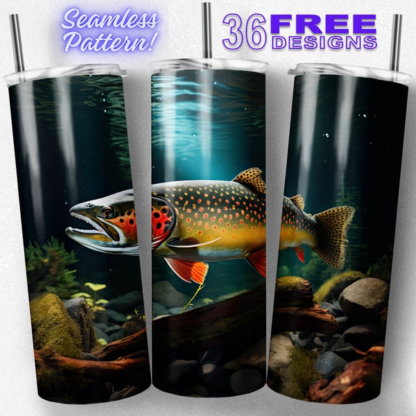 brook trout fishing 20oz Straight and Tapered Tumbler Wrap Sublimation Seamless Design, Instant Digital Download PNG