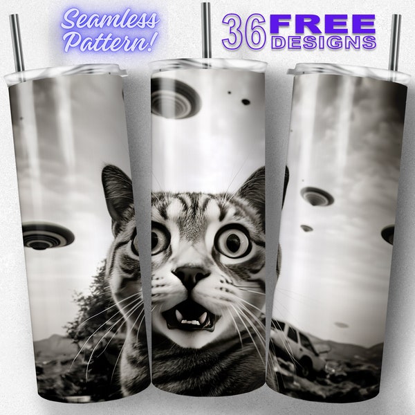 Surprised Cat Selfie UFO Cat 20oz Straight and Tapered Tumbler Wrap Sublimation Seamless Design, Instant Digital Download PNG