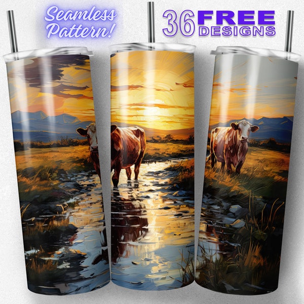 Cows Farm Stream Ranch 20oz Straight and Tapered Tumbler Wrap Sublimation Seamless Design, Instant Digital Download PNG