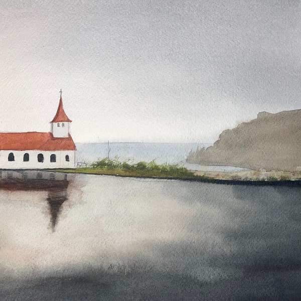 Original Watercolor Landscape Painting 9x12, Church in Iceland