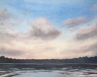 Original Watercolor Lake Painting, 9x12 Inches, Sunset, Reflections, Clouds