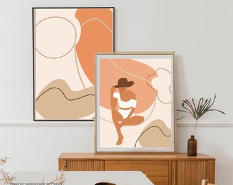 May include: Two abstract art prints with a minimalist style. The print on the left features a peach and beige color scheme with abstract shapes. The print on the right features a woman in a white swimsuit and a hat sitting on a peach and beige background with abstract shapes.
