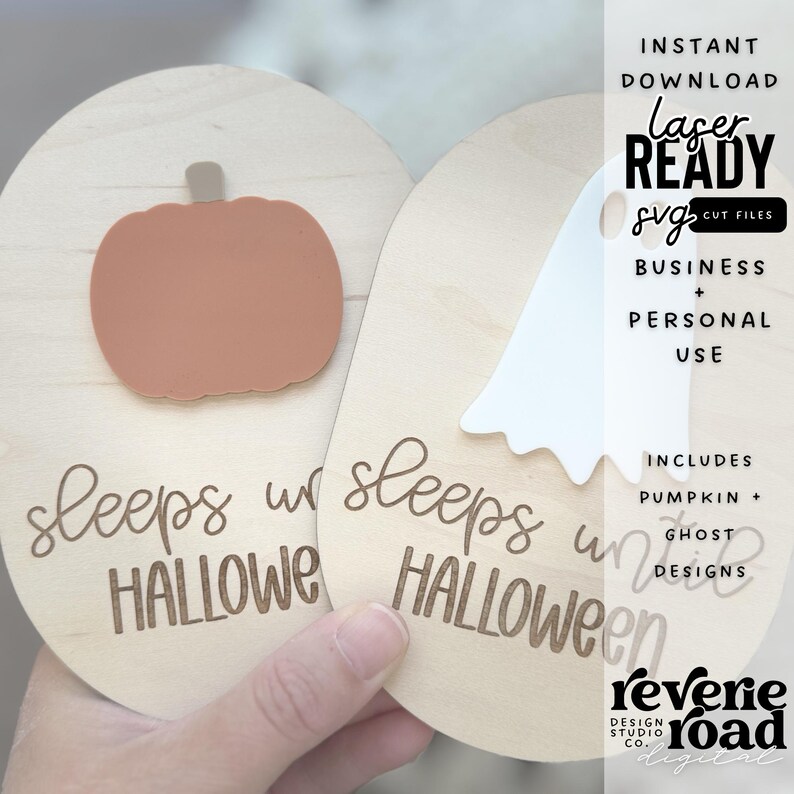 May include: Two wooden signs with the text "sleeps until Halloween" and a pumpkin and ghost graphic. The signs are laser cut and ready to be used for crafting projects.