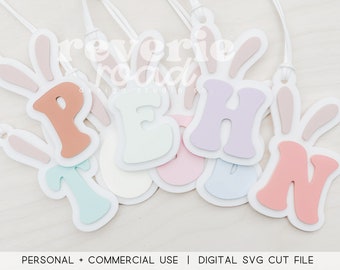 Gifts for Easter Retro Inspired Personalized Monogram Boho Retro Initial Easter Bunny Basket Gift Bag Tag SVG Laser Cut File