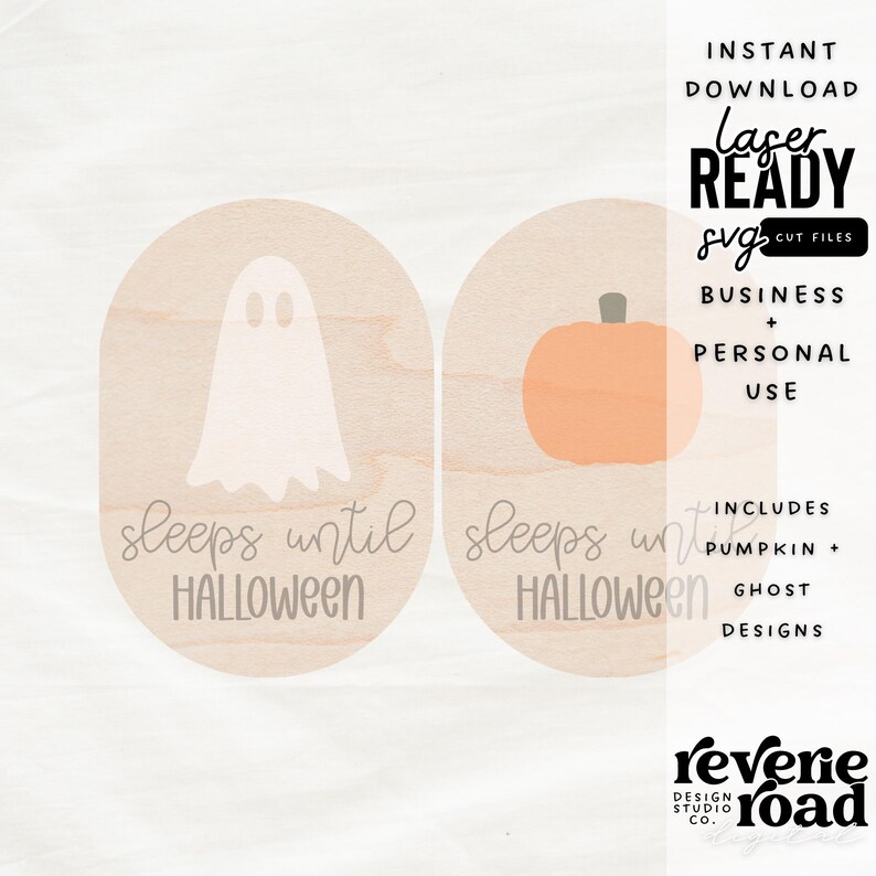 May include: Two wooden signs with rounded edges, each featuring a Halloween-themed illustration and the text "sleeps until Halloween". The left sign has a white ghost, and the right sign has an orange pumpkin.