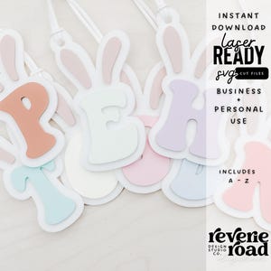 Cadeaux pour Pâques d'inspiration rétro monogramme personnalisé bohème rétro initiale lapin de Pâques panier cadeau étiquette de sac fichier découpé au laser SVG