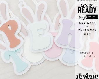 Gifts for Easter Retro Inspired Personalized Monogram Boho Retro Initial Easter Bunny Basket Gift Bag Tag SVG Laser Cut File
