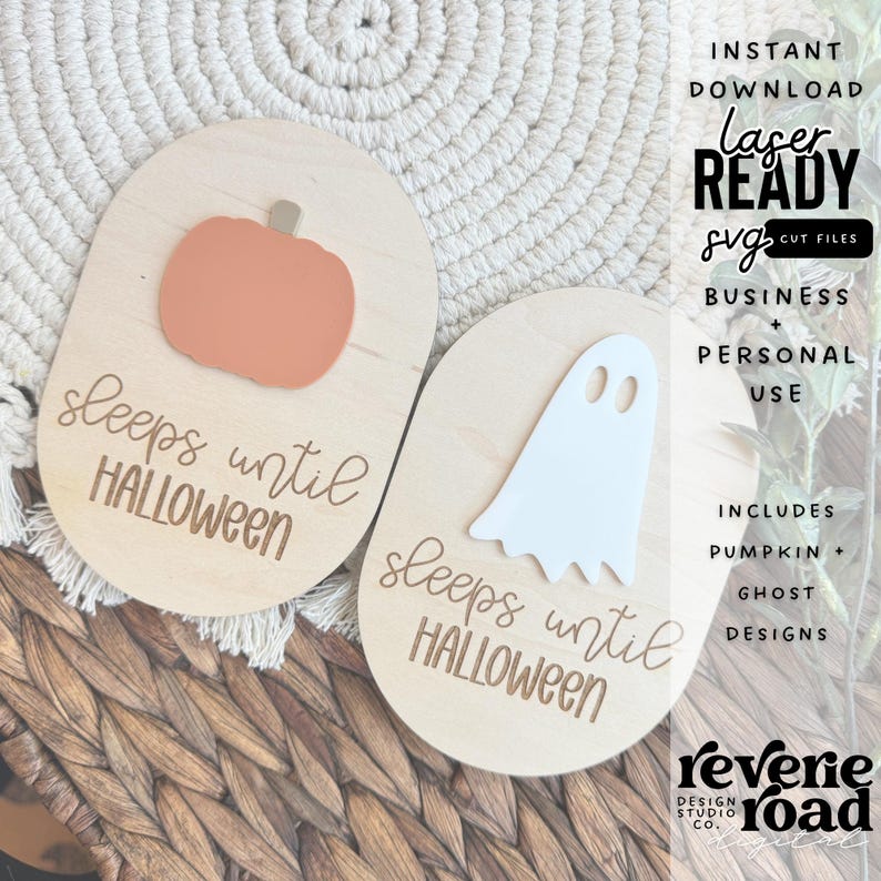 May include: Two wooden signs with the text "sleeps until Halloween" and a pumpkin and ghost graphic. The signs are laser cut and ready to be used for crafting projects.