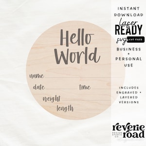 Hello World Birth Announcement Sign | Photo Prop | Birth Stats | SVG | Laser Cut File | Glowforge Ready
