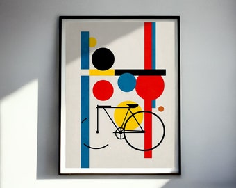 May include: Framed art print featuring a bicycle design. The artwork uses geometric shapes and primary colors, including red, yellow, blue, and black, against a neutral background. The bicycle is depicted in black, with a yellow circle for the wheel.