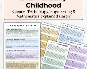 May include: An educational infographic titled STEM in Early Childhood: Science, Technology, Engineering & Mathematics explained simply. It features a main document and several smaller cards detailing developmental stages for each STEM category.