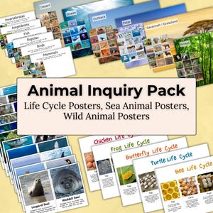 May include: A collection of educational posters and cards featuring animal life cycles and habitats. The posters include categories like invertebrates, mammals, and birds. The text "Animal Inquiry Pack" is displayed prominently.