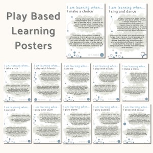 May include: A set of 10 colorful posters with a gray background and white text. Each poster features a different play-based learning activity for children, such as making a choice, singing and dancing, taking a risk, playing with friends, playing with blocks, making a mess, pretending, playing with stuff, playing alone, playing outside, and drawing and coloring. The posters are titled "Play Based Learning Posters" and each poster includes a description of the learning activity and the benefits of engaging in that activity.