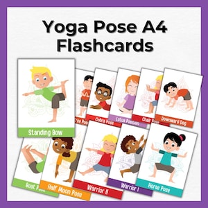 May include: A set of 10 colourful flashcards featuring different yoga poses for kids. Each card shows a child in a different pose with the name of the pose written below. The poses include Standing Bow, Boat Pose, Half Moon Pose, Warrior II, Warrior I, Horse Pose, Downward Dog, Chair Pose, Lotus Position, and Cobra Pose.