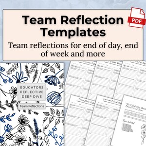 Könnte beinhalten: Eine Sammlung druckbarer Team-Reflexionsvorlagen. Das Bild zeigt ein Cover mit floralen Illustrationen und dem Text "Team Reflection Templates". Die Vorlagen sind für Reflexionen am Ende des Tages, am Ende der Woche und andere Teamreflexionen konzipiert. Ein PDF-Symbol ist sichtbar.