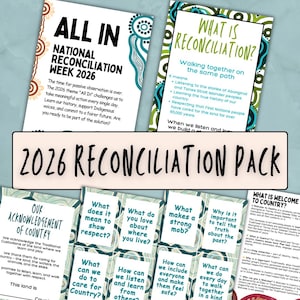 Op de afbeelding: Een verzameling educatief materiaal voor de Nationale Verzoeningsweek 2026. Het pakket bevat posters en kaarten met tekst over verzoening, inheemse geschiedenis en respect. Het kleurenschema is voornamelijk wit, teal en bruin.