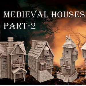 Könnte beinhalten: Eine Sammlung von fünf mittelalterlichen Miniaturhäusern, jedes mit einzigartigen architektonischen Details wie Schornsteinen, Balkonen und Treppen. Die Häuser sind hellgrau und tragen die Aufschrift "MEDIEVAL HOUSES PART-2" und "28MM".