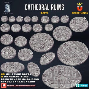 May include: A selection of 25 miniature bases, themed as cathedral ruins, in various sizes. The grey bases feature detailed architectural designs, with sizes from 2.5cm to 10cm. The bases are magnetizable.
