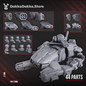 Op de afbeelding: Een grijze, ongemonteerde modelbouwkit van een futuristisch voertuig met meerdere modulaire onderdelen. De afbeelding bevat de tekst "DakkaDakka.Store" en "44 PARTS". Het model meet 3,1 cm hoog en 14,8x7,2 cm breed.