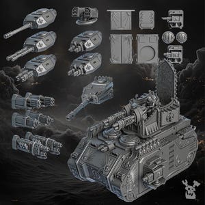 May include: A detailed model of a futuristic tank with multiple cannons and a large, ornate back panel. The tank is grey and has a variety of smaller, detailed components.